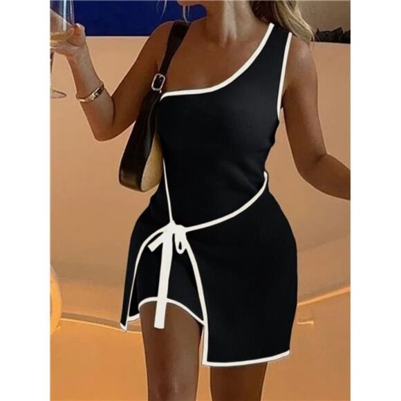 Contrast Trim Single Shoulder Mini Dress - Picture 9 of 12